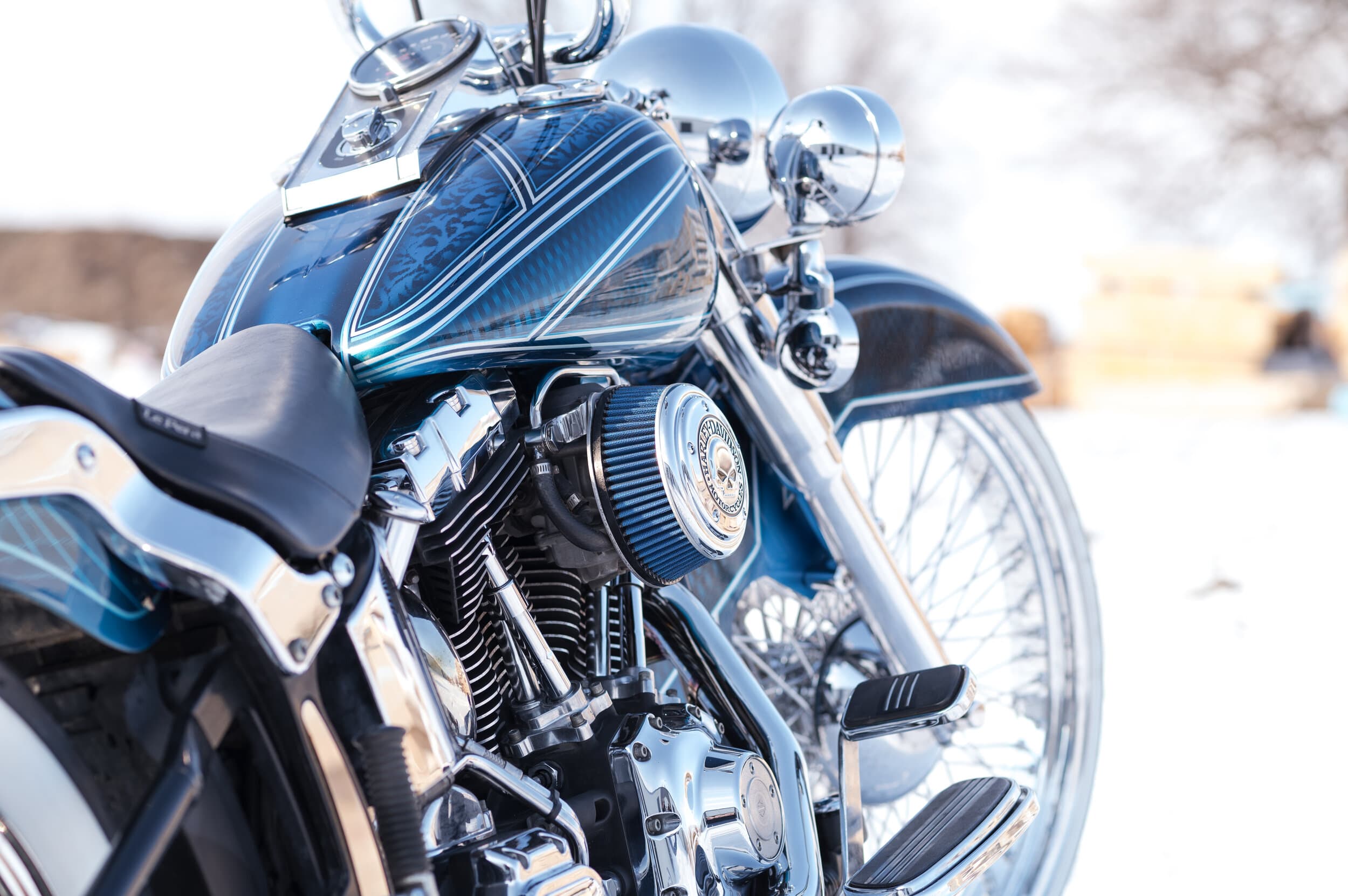 Detailed view of a Harley engine and intake, the components a dyno tune dials in